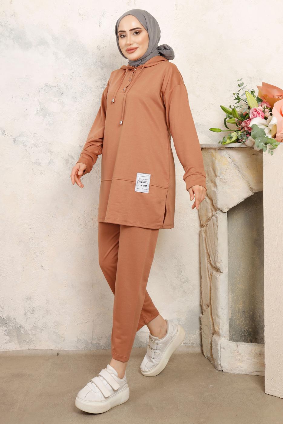 Tesettür giyim KAHVE KAPÜŞONLU PANTOLONLU TAKIM T 3843