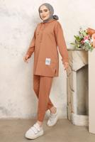 Tesettür giyim KAHVE KAPÜŞONLU PANTOLONLU TAKIM T 3843