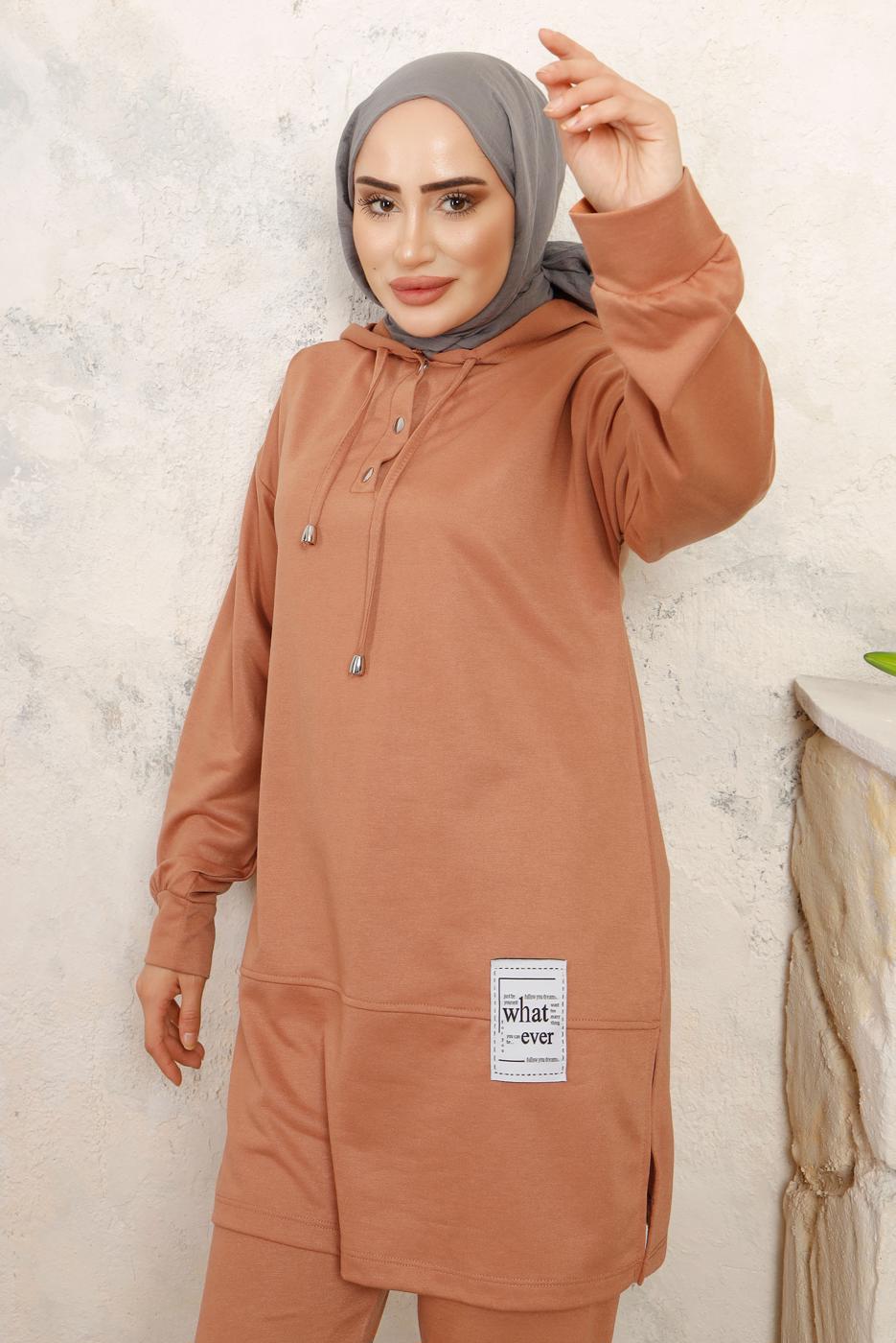 Tesettür giyim KAHVE KAPÜŞONLU PANTOLONLU TAKIM T 3843