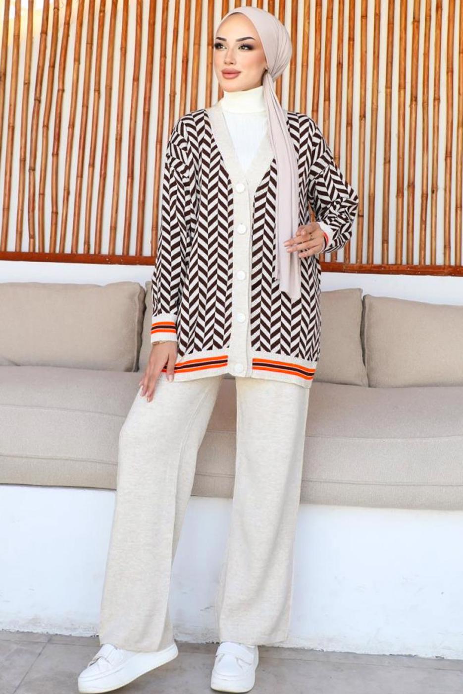 Tesettür giyim EKRU PANTOLONLU TRİKO TAKIM T 40032