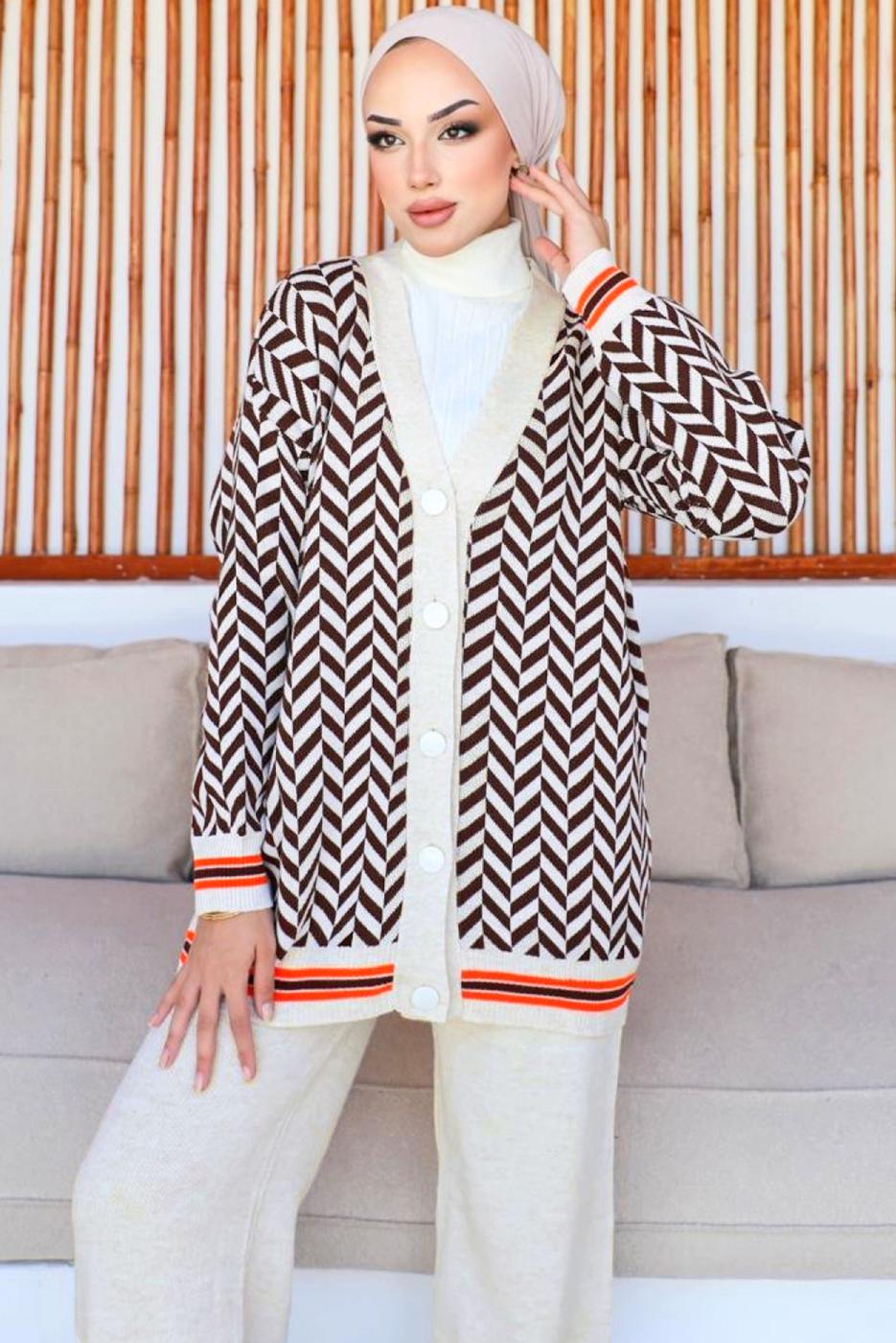 Tesettür giyim EKRU PANTOLONLU TRİKO TAKIM T 40032