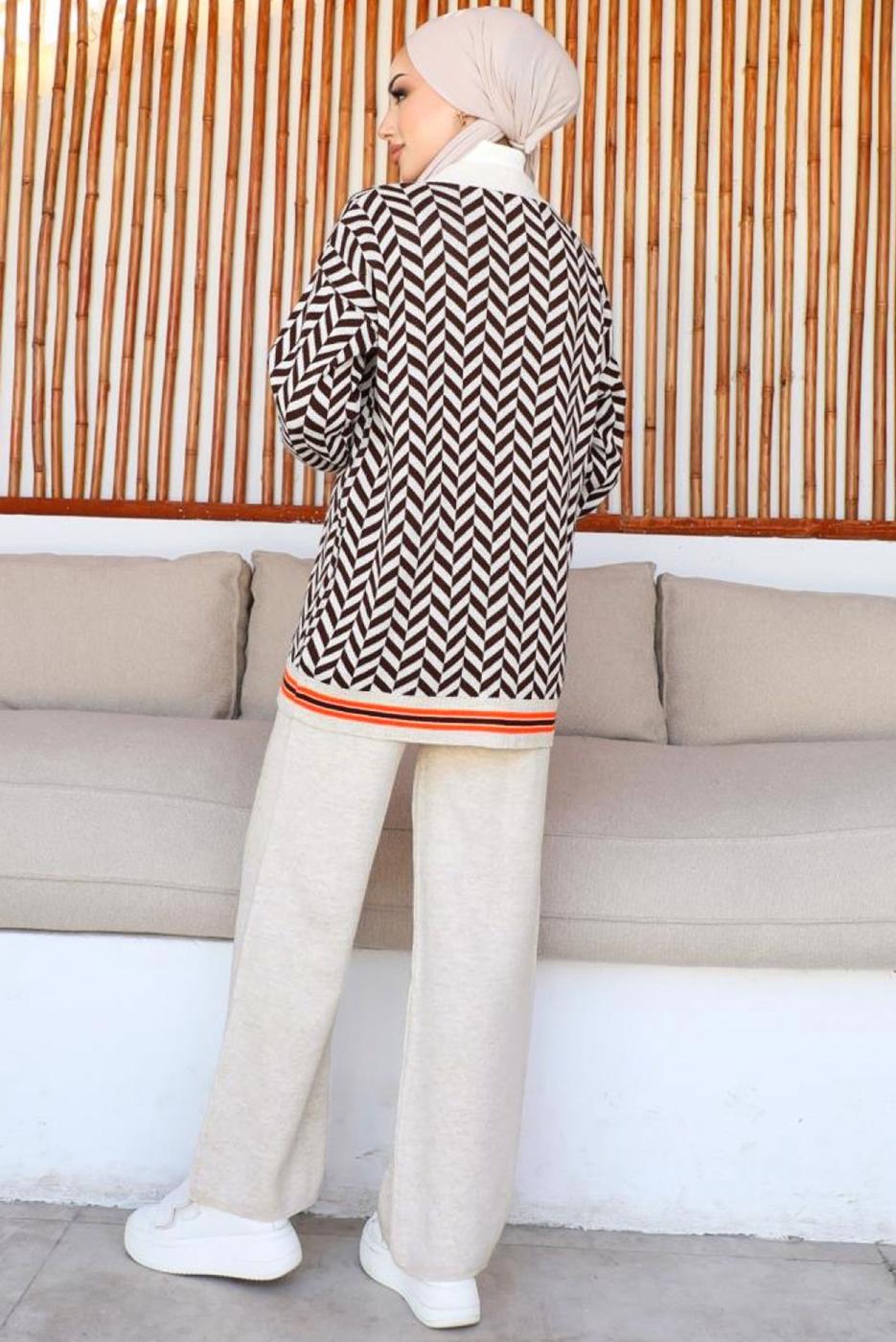 Tesettür giyim EKRU PANTOLONLU TRİKO TAKIM T 40032