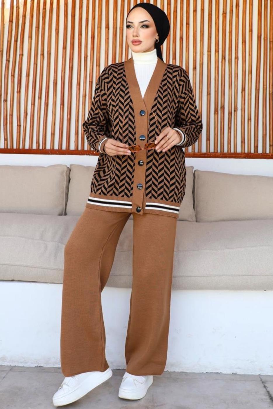 Tesettür giyim KAHVE PANTOLONLU TRİKO TAKIM T 40032