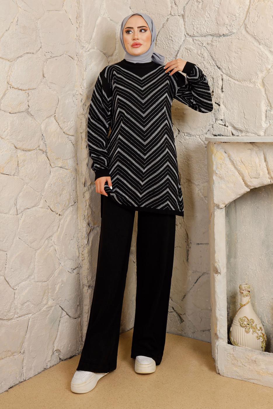 Tesettür giyim SİYAH ZİKZAK DESENLİ PANTOLONLU TRİKO TAKIM T 4008