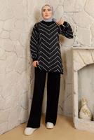 Tesettür giyim SİYAH ZİKZAK DESENLİ PANTOLONLU TRİKO TAKIM T 4008