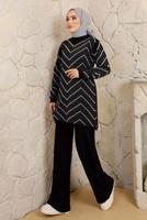 Tesettür giyim SİYAH ZİKZAK DESENLİ PANTOLONLU TRİKO TAKIM T 4008
