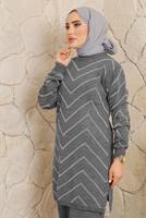 Tesettür giyim GRİ ZİKZAK DESENLİ PANTOLONLU TRİKO TAKIM T 4008