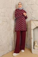 Tesettür giyim BORDO ZİKZAK DESENLİ PANTOLONLU TRİKO TAKIM T 4008