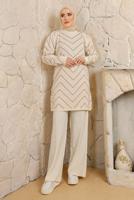 Tesettür giyim EKRU ZİKZAK DESENLİ PANTOLONLU TRİKO TAKIM T 4008