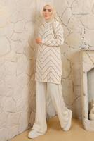 Tesettür giyim EKRU ZİKZAK DESENLİ PANTOLONLU TRİKO TAKIM T 4008