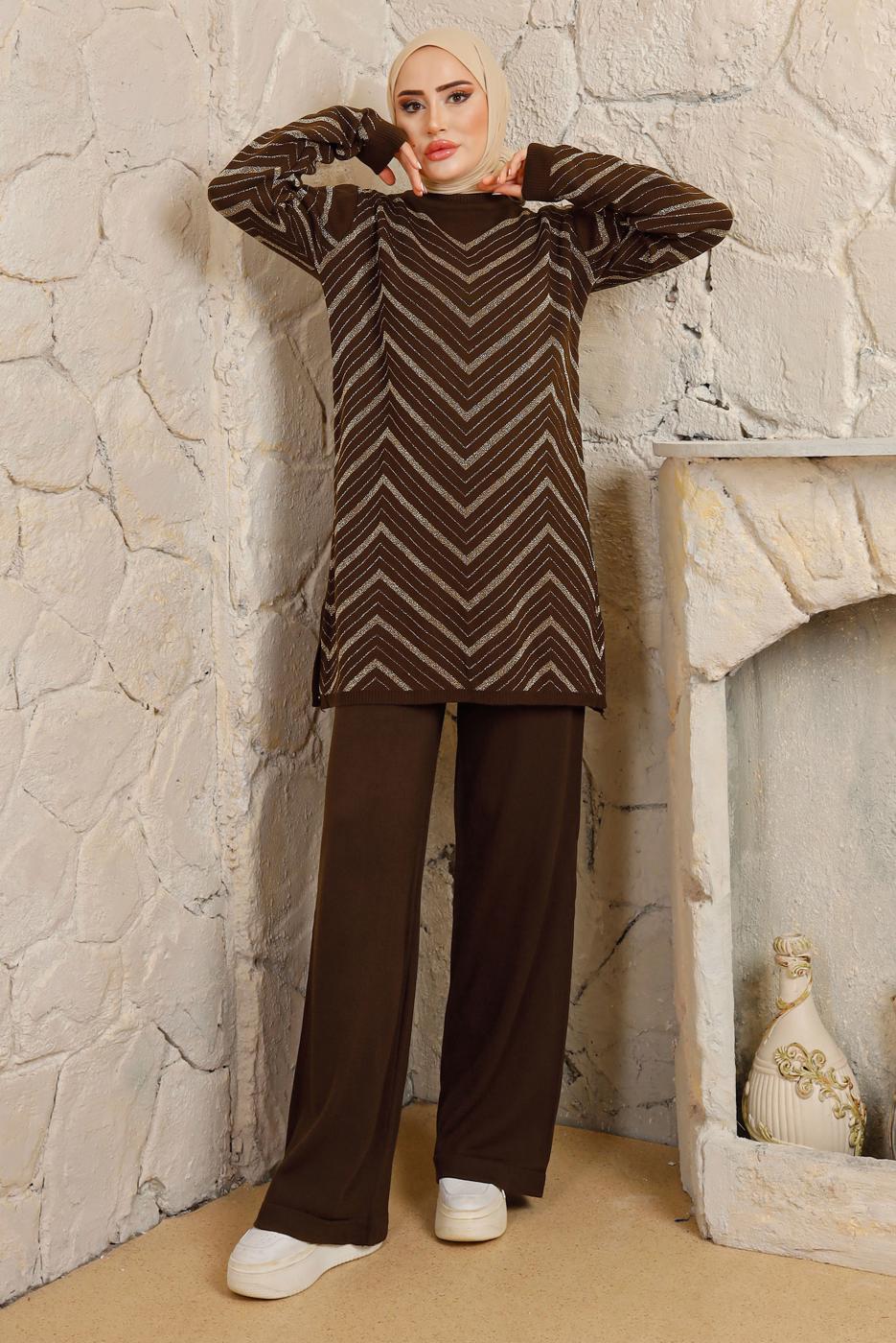Tesettür giyim KAHVE ZİKZAK DESENLİ PANTOLONLU TRİKO TAKIM T 4008