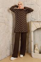 Tesettür giyim KAHVE ZİKZAK DESENLİ PANTOLONLU TRİKO TAKIM T 4008