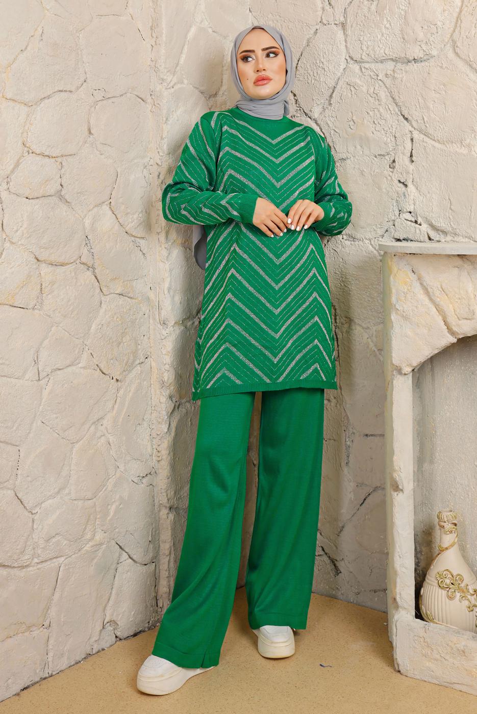 Tesettür giyim YEŞİL ZİKZAK DESENLİ PANTOLONLU TRİKO TAKIM T 4008