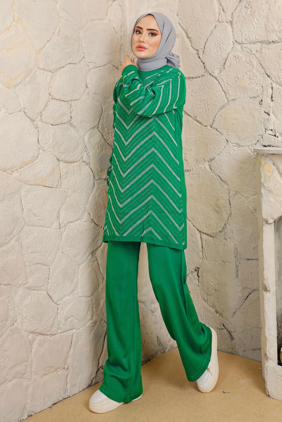 Tesettür giyim YEŞİL ZİKZAK DESENLİ PANTOLONLU TRİKO TAKIM T 4008