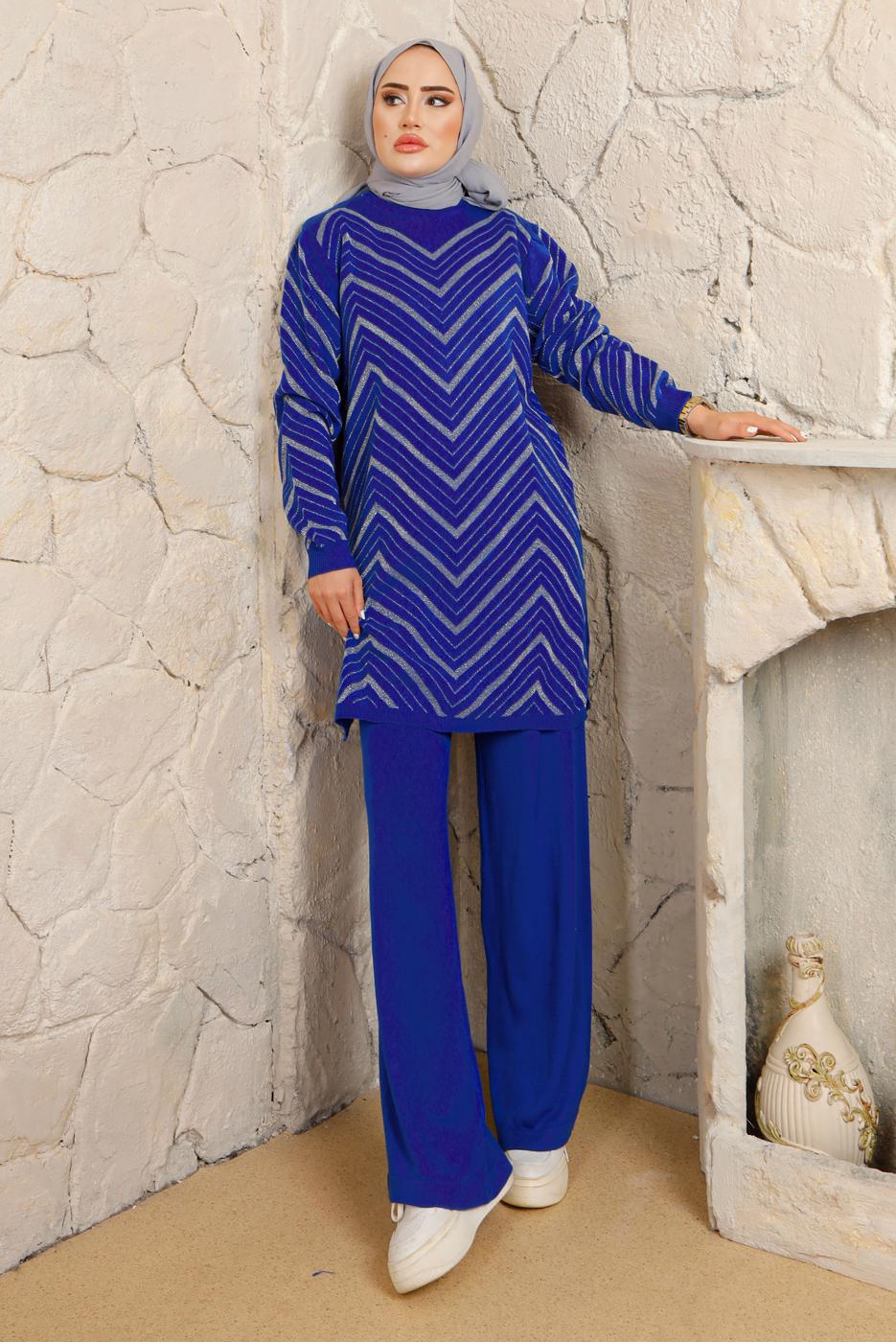 Tesettür giyim LACİVERT ZİKZAK DESENLİ PANTOLONLU TRİKO TAKIM T 4008