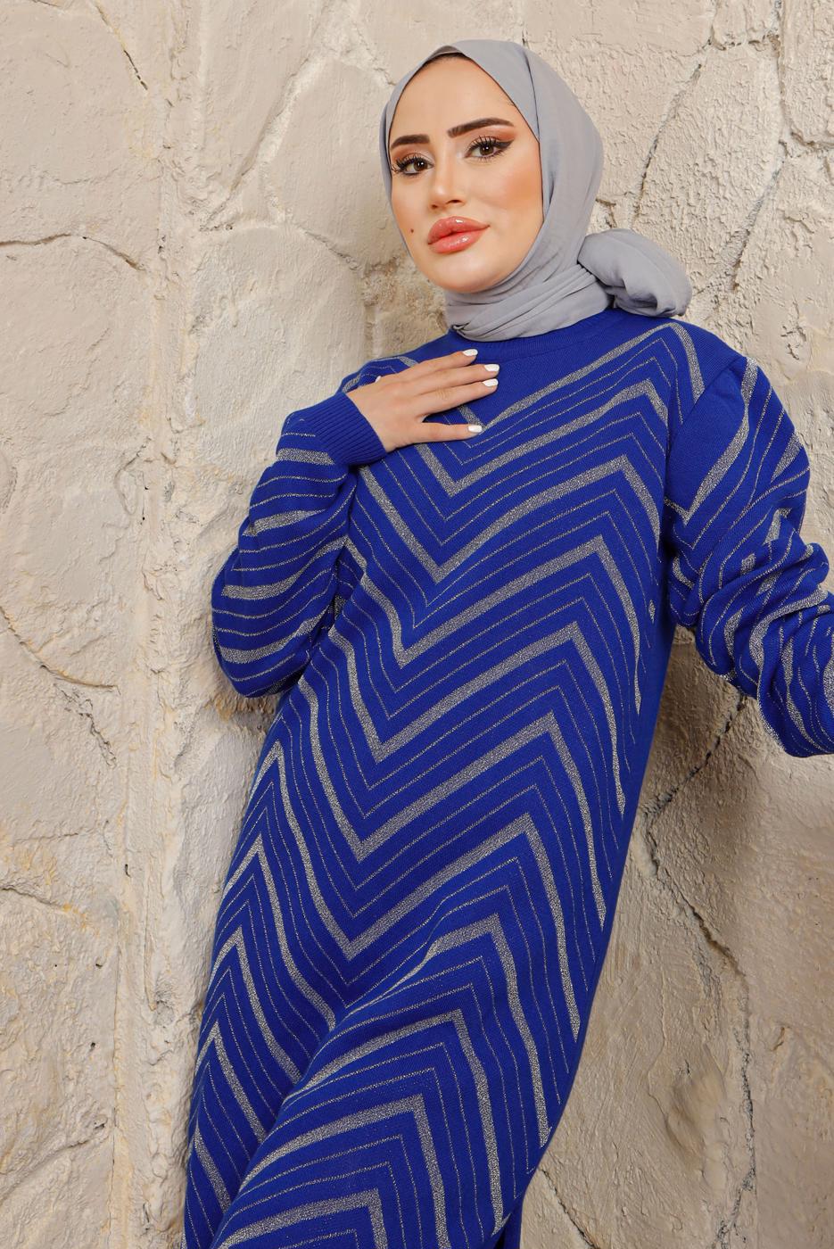 Tesettür giyim LACİVERT ZİKZAK DESENLİ PANTOLONLU TRİKO TAKIM T 4008