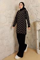 Tesettür giyim SİYAH ZİKZAK DESENLİ PANTOLONLU TRİKO TAKIM T 4008