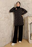 Tesettür giyim SİYAH ZİKZAK DESENLİ PANTOLONLU TRİKO TAKIM T 4008