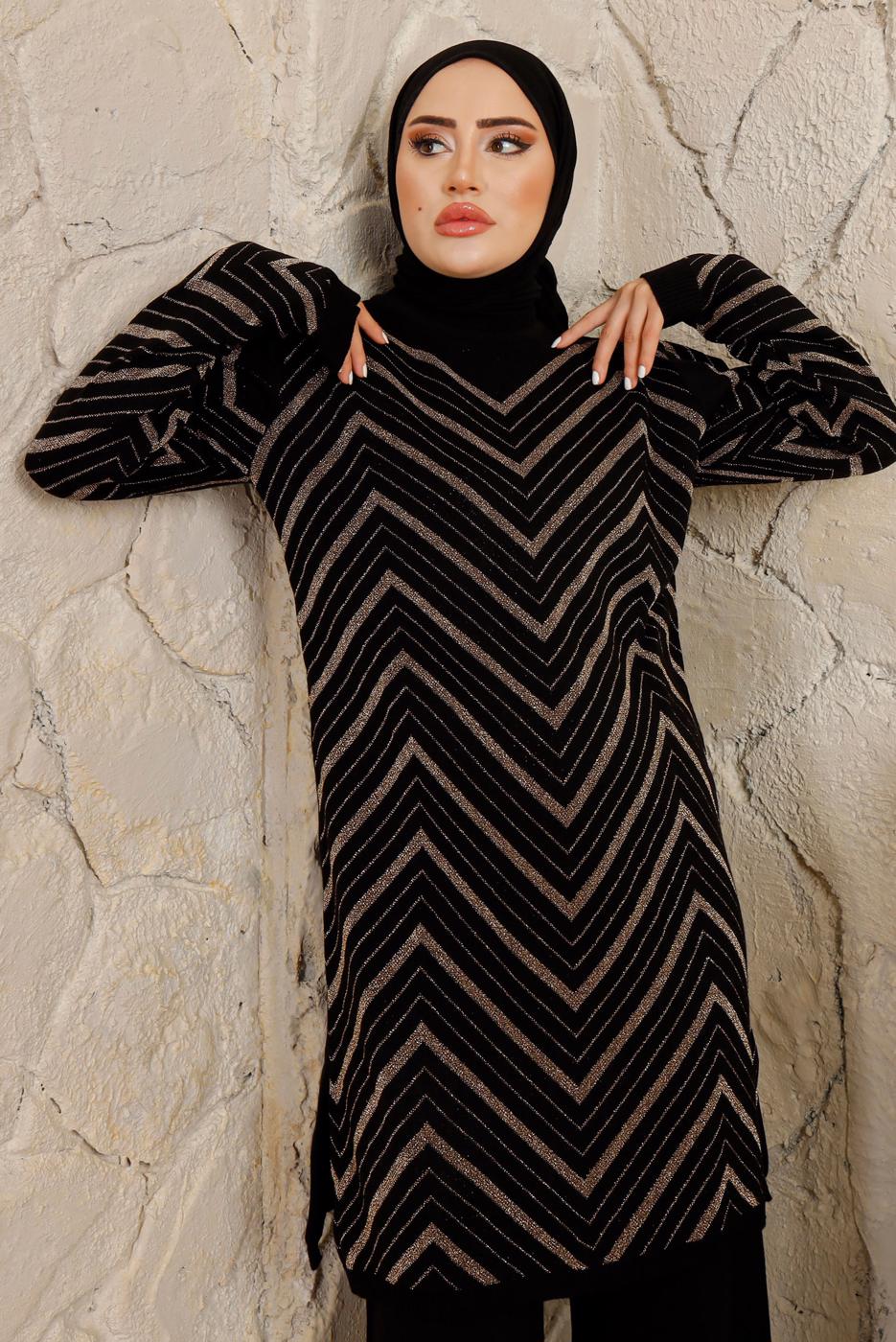 Tesettür giyim SİYAH ZİKZAK DESENLİ PANTOLONLU TRİKO TAKIM T 4008