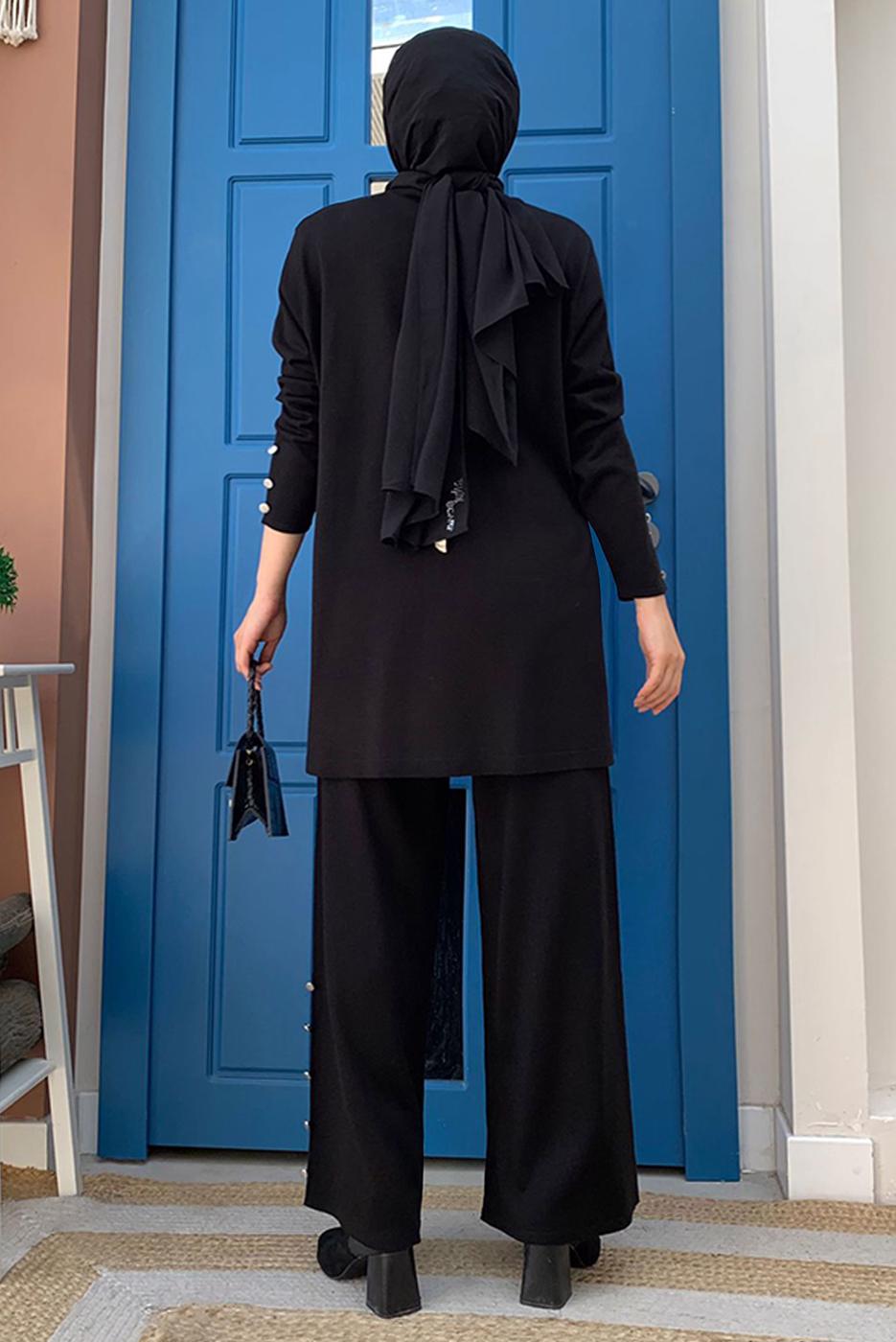 Tesettür giyim SİYAH TRİKO PANTOLONLU TAKIM T 40332