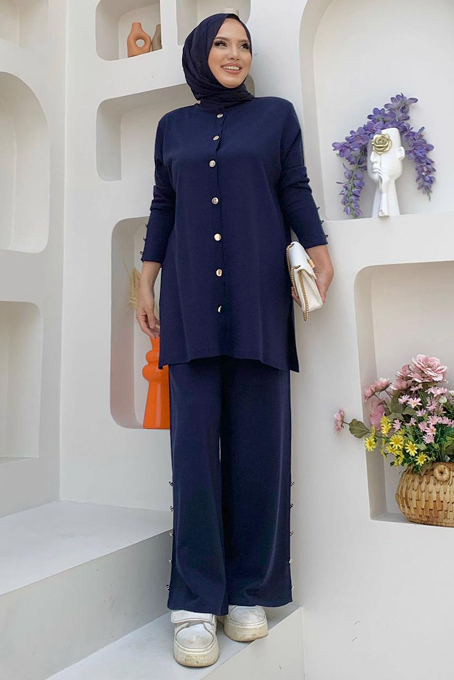 Tesettür giyim LACİVERT TRİKO PANTOLONLU TAKIM T 40332
