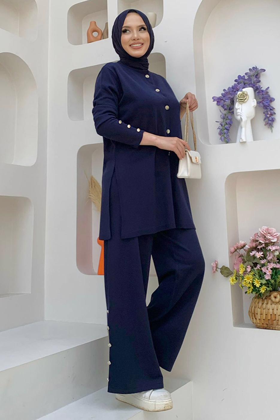 Tesettür giyim LACİVERT TRİKO PANTOLONLU TAKIM T 40332