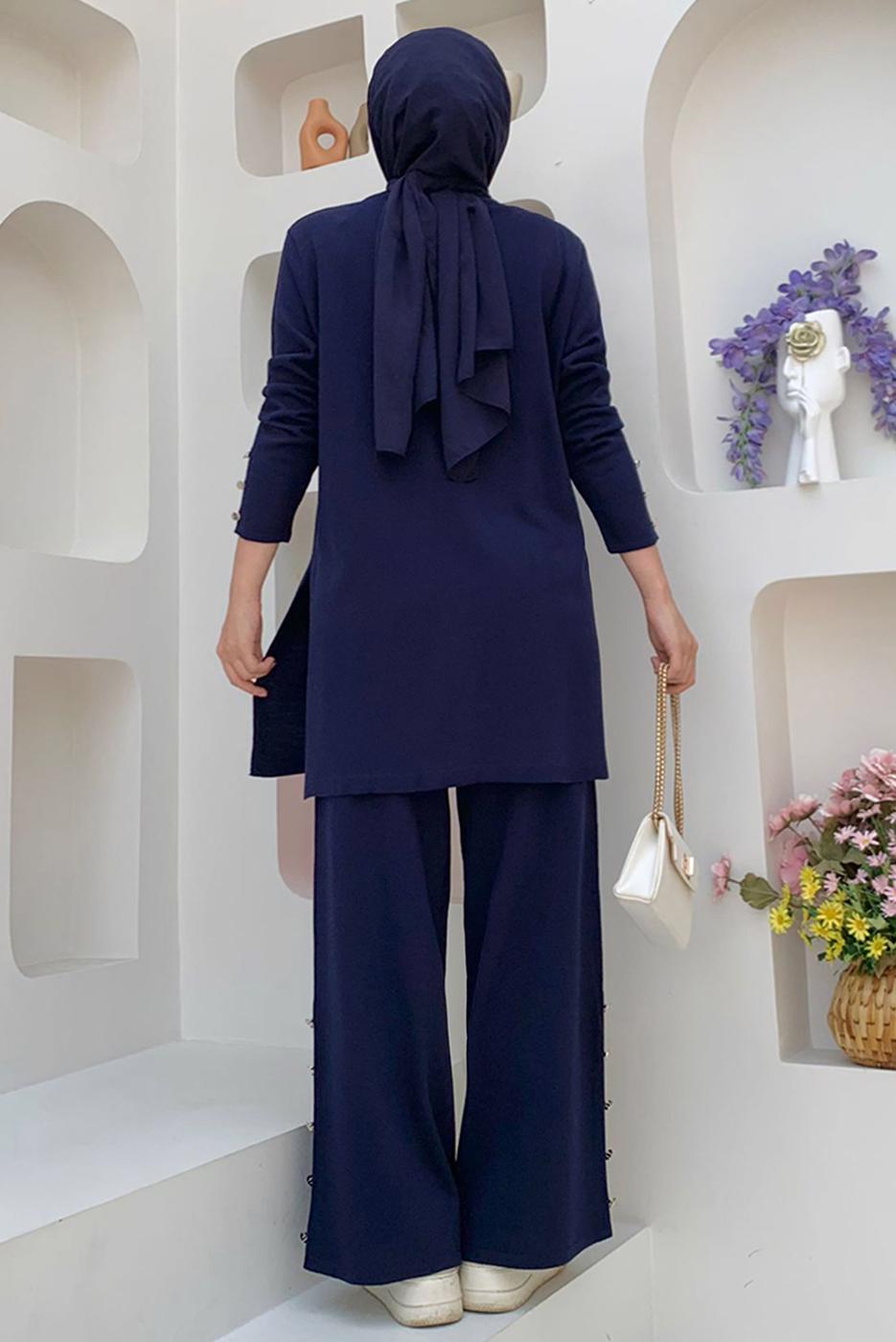 Tesettür giyim LACİVERT TRİKO PANTOLONLU TAKIM T 40332
