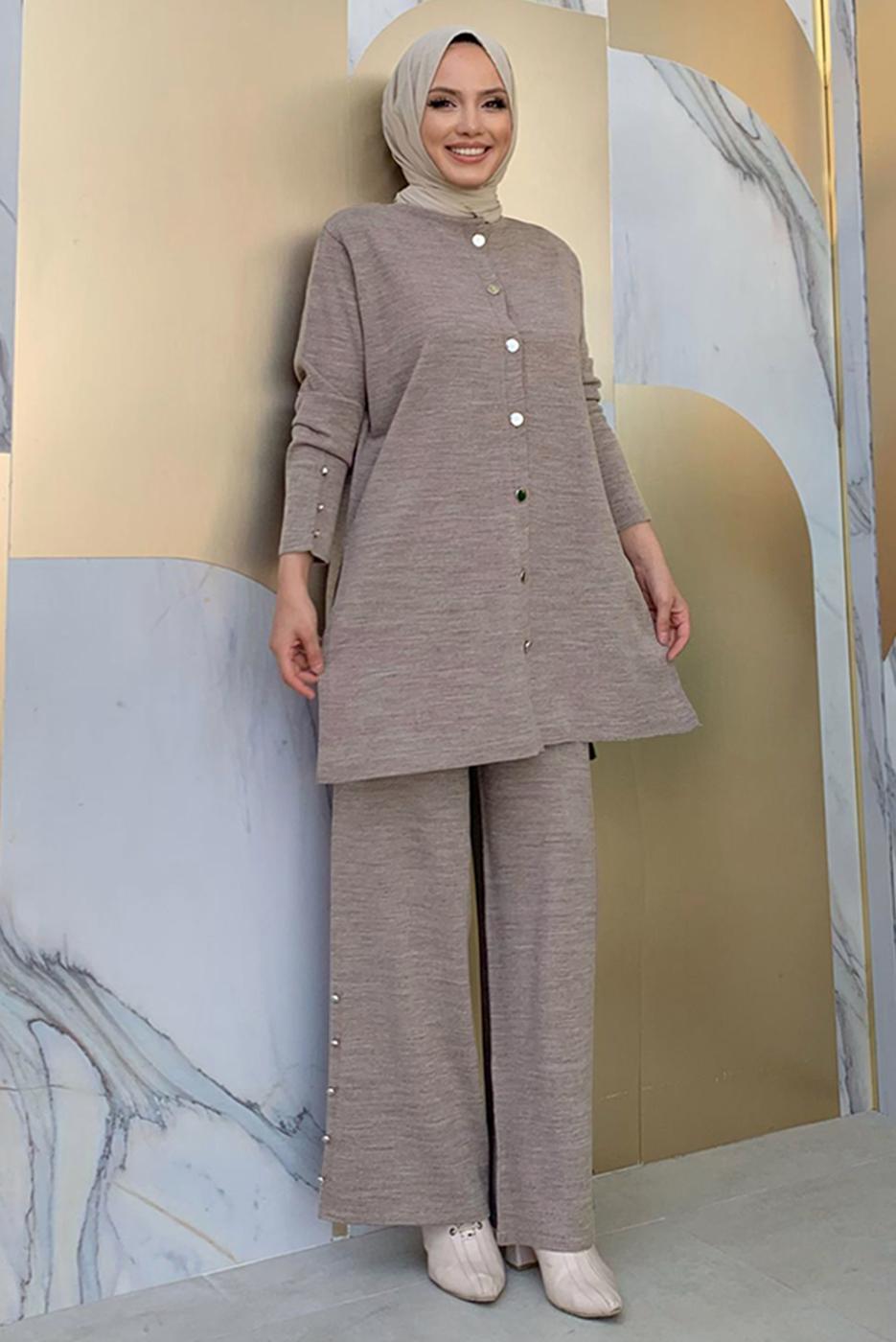 Tesettür giyim VİZON TRİKO PANTOLONLU TAKIM T 40332