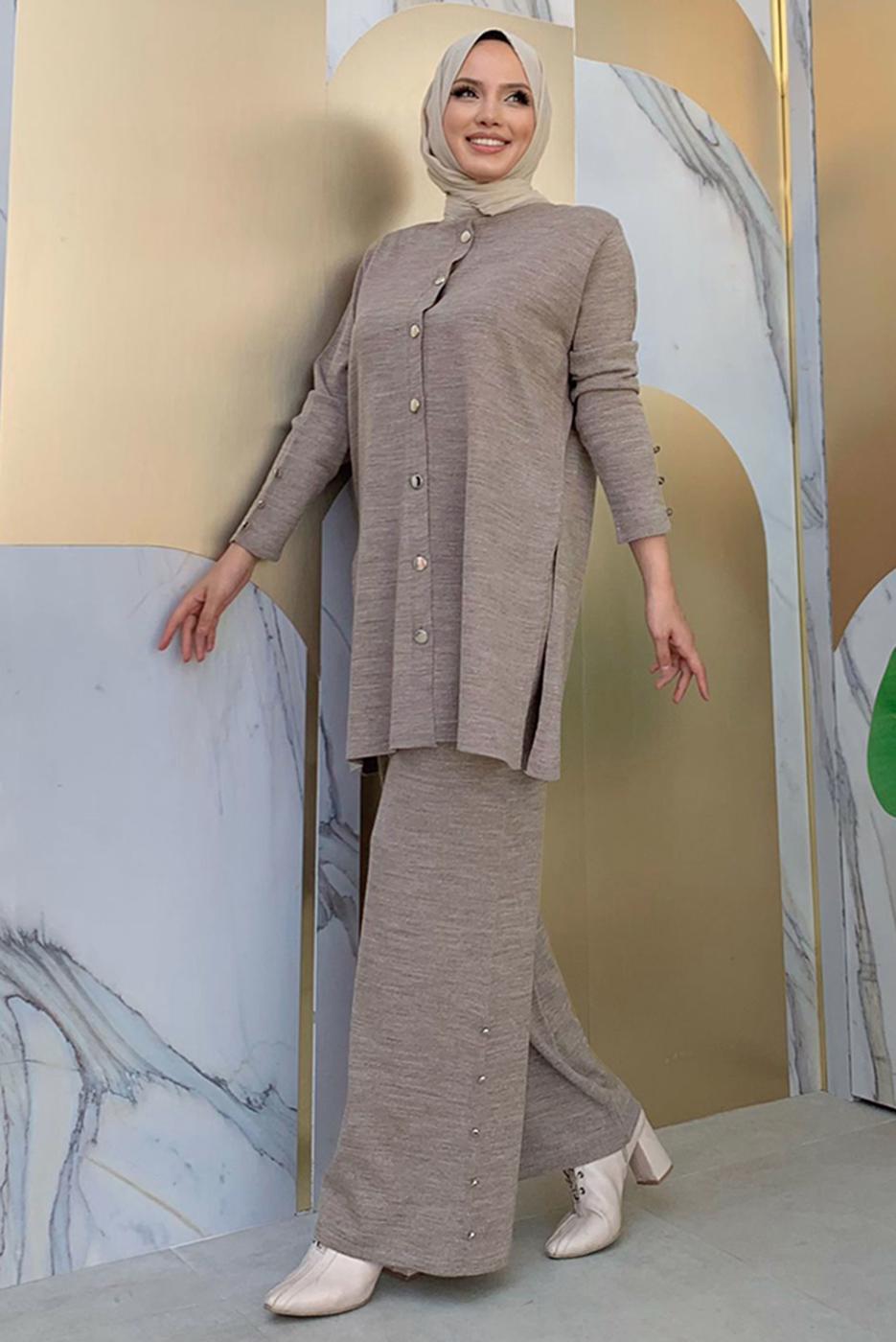 Tesettür giyim VİZON TRİKO PANTOLONLU TAKIM T 40332
