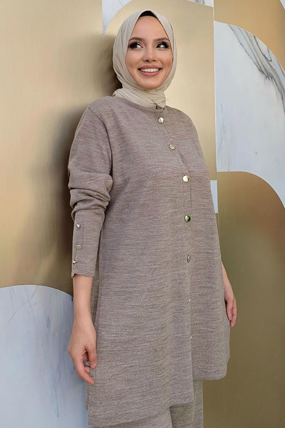 Tesettür giyim VİZON TRİKO PANTOLONLU TAKIM T 40332