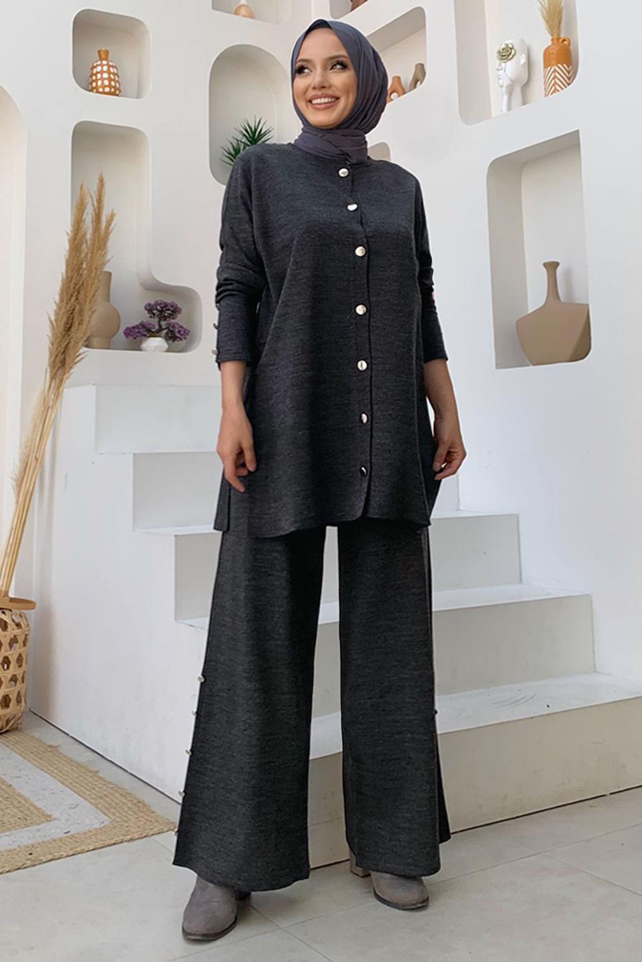 Tesettür giyim GRİ TRİKO PANTOLONLU TAKIM T 40332