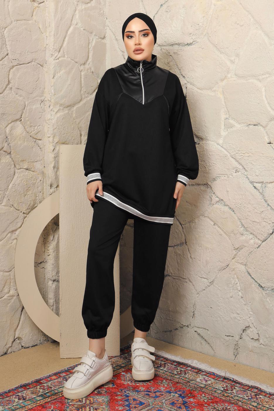 Tesettür giyim SİYAH YAKASI FERMUARLI ŞERİTLİ PANTOLONLU TAKIM T 4043