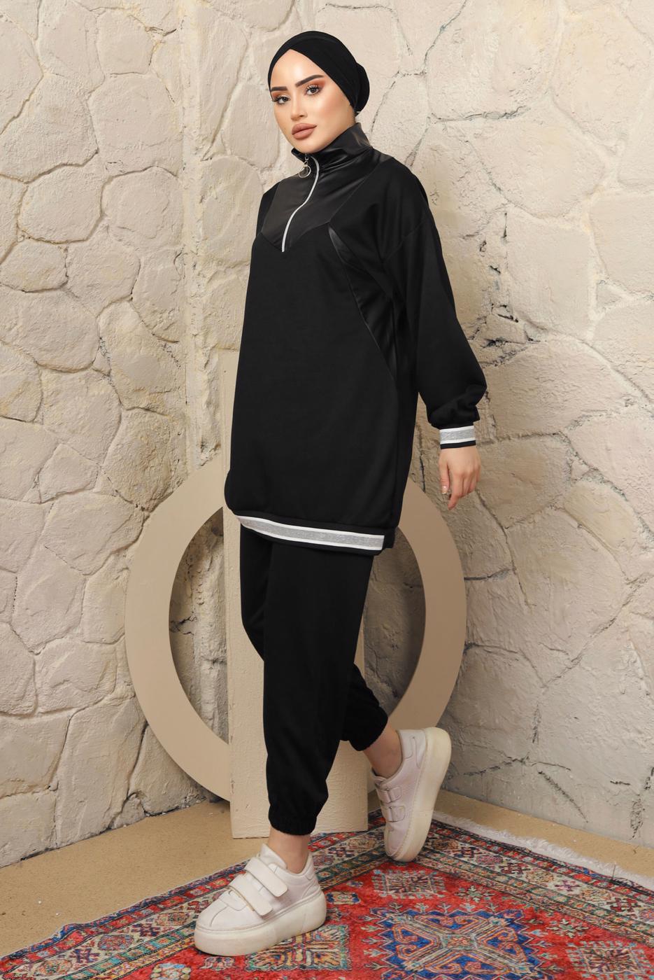 Tesettür giyim SİYAH YAKASI FERMUARLI ŞERİTLİ PANTOLONLU TAKIM T 4043