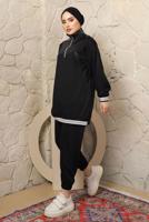 Tesettür giyim SİYAH YAKASI FERMUARLI ŞERİTLİ PANTOLONLU TAKIM T 4043