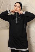 Tesettür giyim SİYAH YAKASI FERMUARLI ŞERİTLİ PANTOLONLU TAKIM T 4043