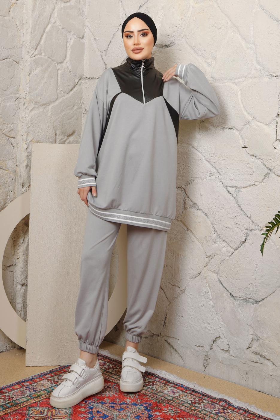 Tesettür giyim GRİ YAKASI FERMUARLI ŞERİTLİ PANTOLONLU TAKIM T 4043