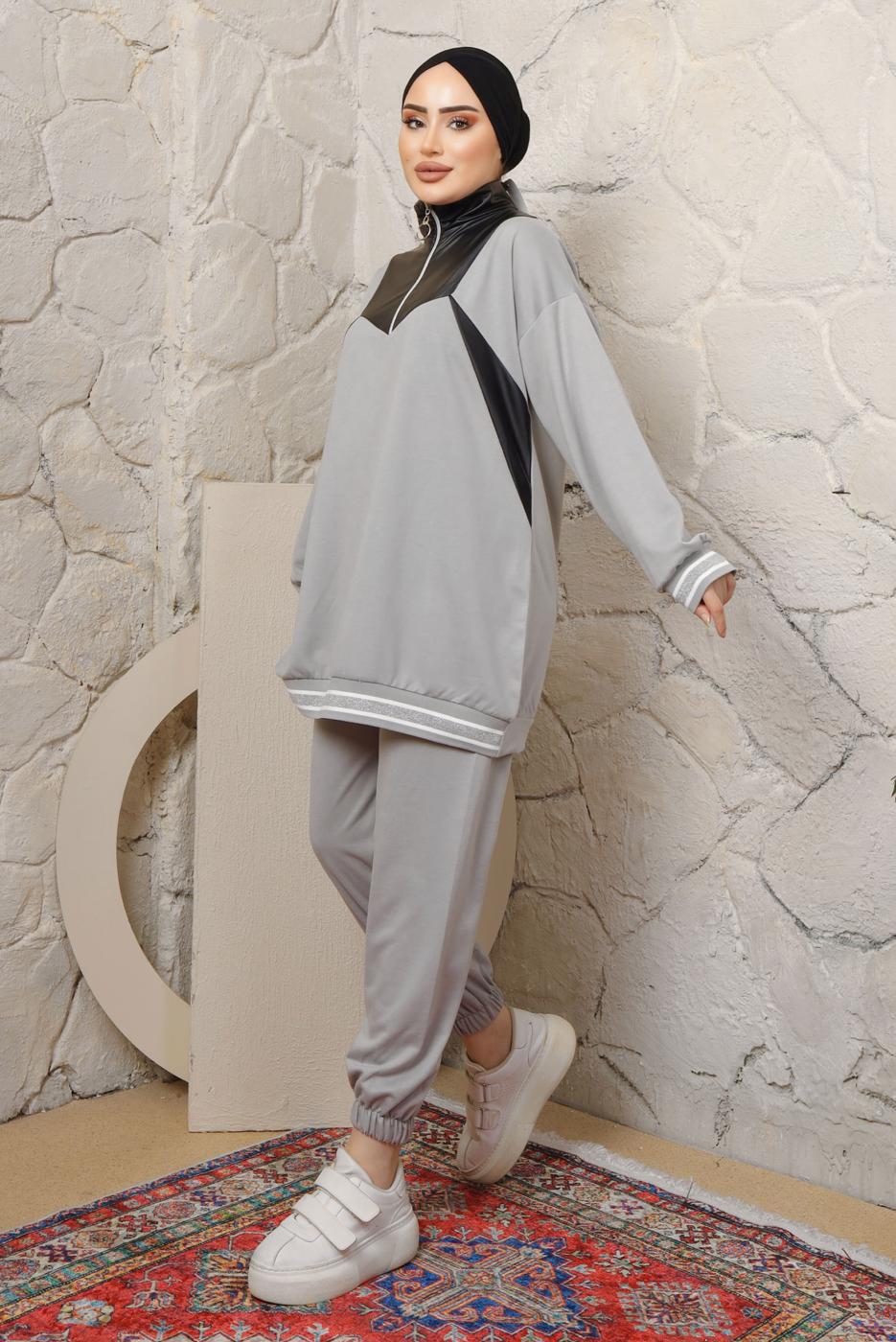 Tesettür giyim GRİ YAKASI FERMUARLI ŞERİTLİ PANTOLONLU TAKIM T 4043