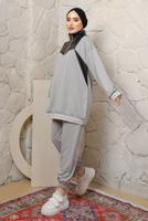 Tesettür giyim GRİ YAKASI FERMUARLI ŞERİTLİ PANTOLONLU TAKIM T 4043