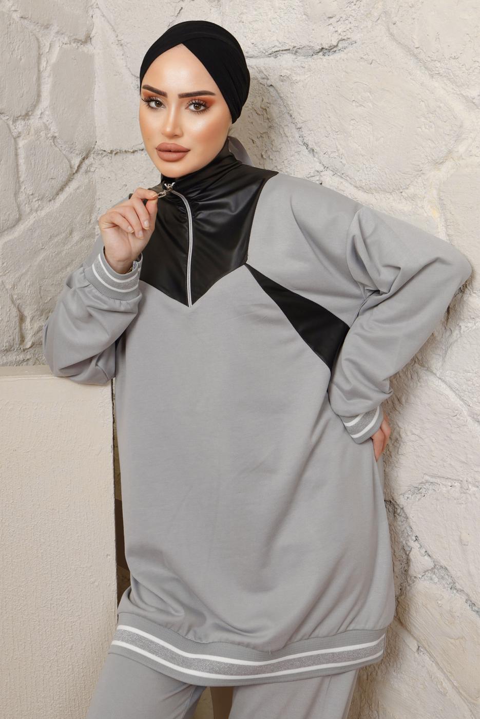 Tesettür giyim GRİ YAKASI FERMUARLI ŞERİTLİ PANTOLONLU TAKIM T 4043
