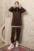Tesettür giyim KAHVE YAKASI FERMUARLI ŞERİTLİ PANTOLONLU TAKIM T 4043
