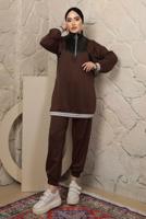 Tesettür giyim KAHVE YAKASI FERMUARLI ŞERİTLİ PANTOLONLU TAKIM T 4043