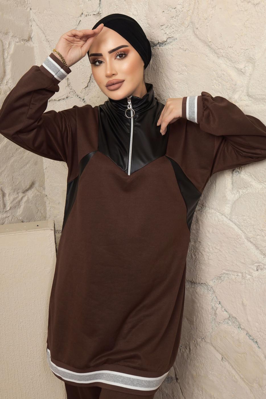 Tesettür giyim KAHVE YAKASI FERMUARLI ŞERİTLİ PANTOLONLU TAKIM T 4043