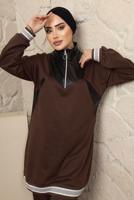 Tesettür giyim KAHVE YAKASI FERMUARLI ŞERİTLİ PANTOLONLU TAKIM T 4043