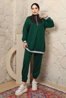 Tesettür giyim YEŞİL YAKASI FERMUARLI ŞERİTLİ PANTOLONLU TAKIM T 4043