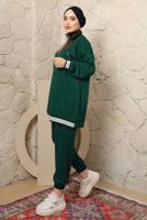 Tesettür giyim YEŞİL YAKASI FERMUARLI ŞERİTLİ PANTOLONLU TAKIM T 4043