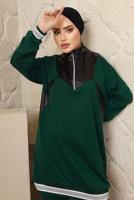 Tesettür giyim YEŞİL YAKASI FERMUARLI ŞERİTLİ PANTOLONLU TAKIM T 4043