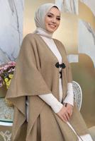 Tesettür giyim VİZON PÜSKÜL DETAYLI PANÇO T 4061