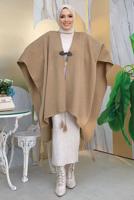 Tesettür giyim VİZON PÜSKÜL DETAYLI PANÇO T 4061