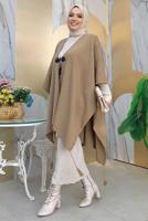 Tesettür giyim VİZON PÜSKÜL DETAYLI PANÇO T 4061