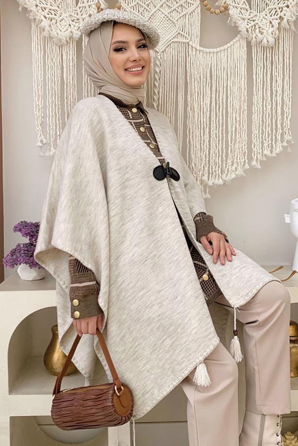 Tesettür giyim BEJ PÜSKÜL DETAYLI PANÇO T 4061 - TRENDTESETTÜR